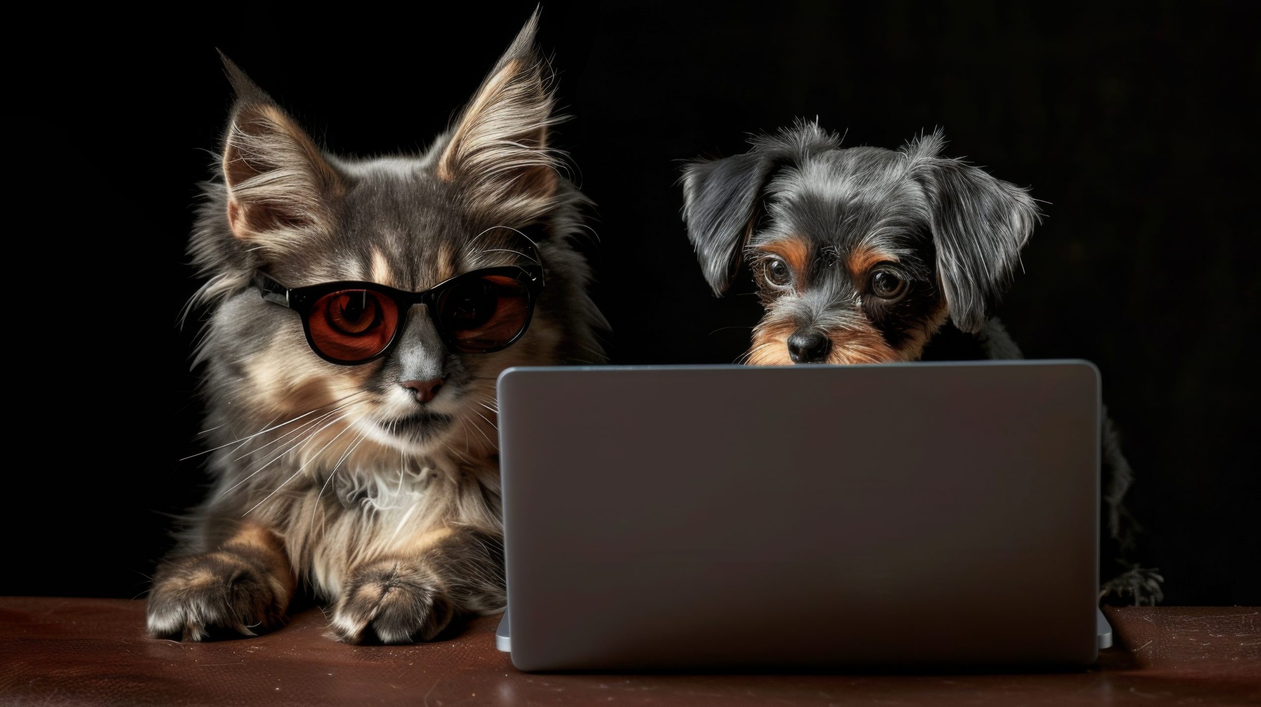 Um cão e um gato deitados lado a lado, comendo ração seca de tigelas separadas. A expressão deles é triste e cansada.