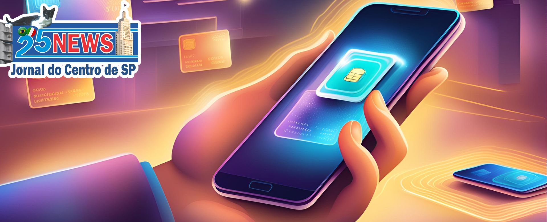 Um smartphone com a tela exibindo o aplicativo da Carteira do Google, com diversos cartões de crédito e débito cadastrados.