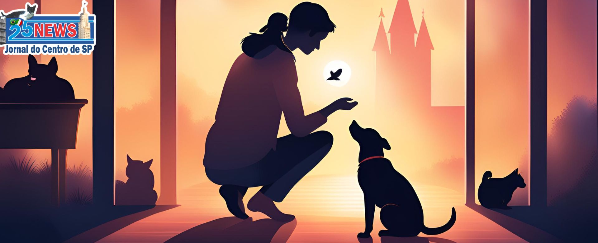 Uma pessoa abraçando seu cachorro ou gato em um ambiente aconchegante, como um sofá em uma sala de estar iluminada. O animal de estimação demonstra carinho e alegria, enquanto a pessoa sorri.