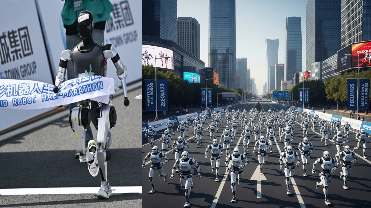 PASSO DE FERRO: Robôs humanoides invadem ruas de Pequim em treino para maratona.