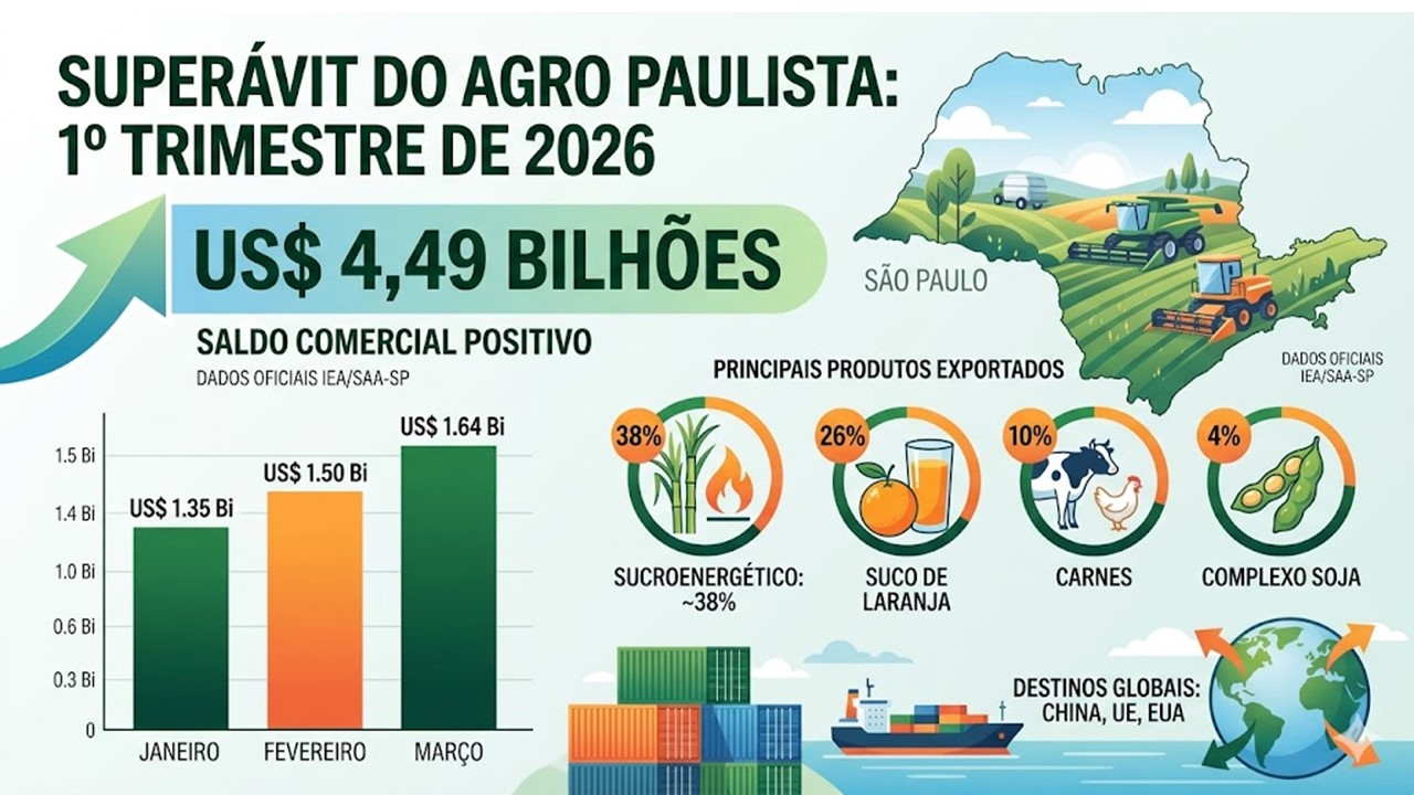 COFRE CHEIO NO CAMPO: Agro paulista registra superávit de US$ 4,49 bilhões no 1º trimestre de 2026.